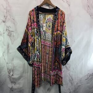 Anthropologie Kimono Womens XS S Blue Velvet Robe Wrap Long Zadie Tie Boho Cover